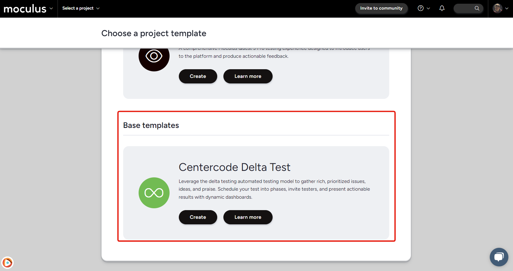 Screenshot showing the template selection screen with the Centercode Delta Test option
