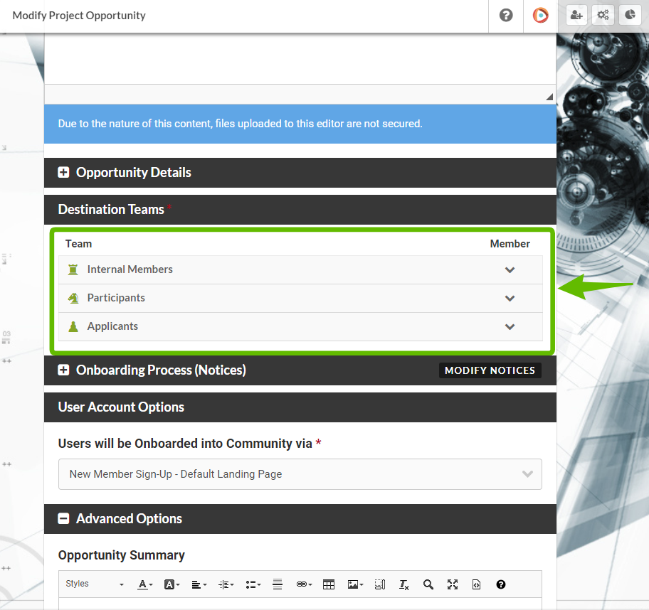 Screenshot showing a recruitment with collapsed team types indicating missing destination teams
