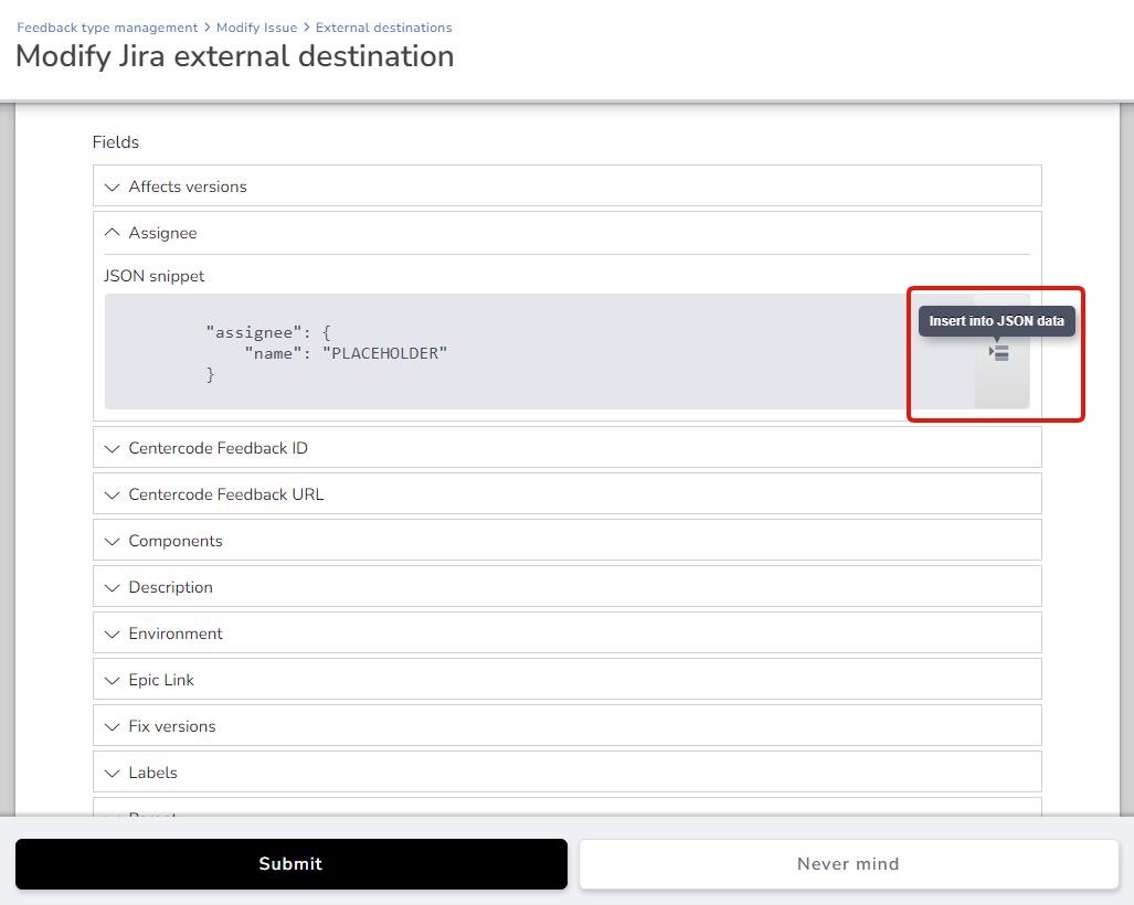 Screenshot showing the Insert into JSON data button