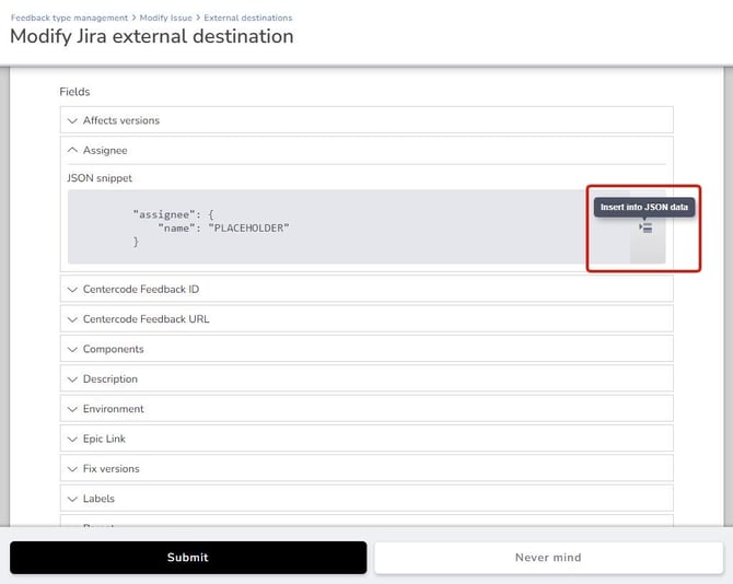Screenshot showing the Insert into JSON data button