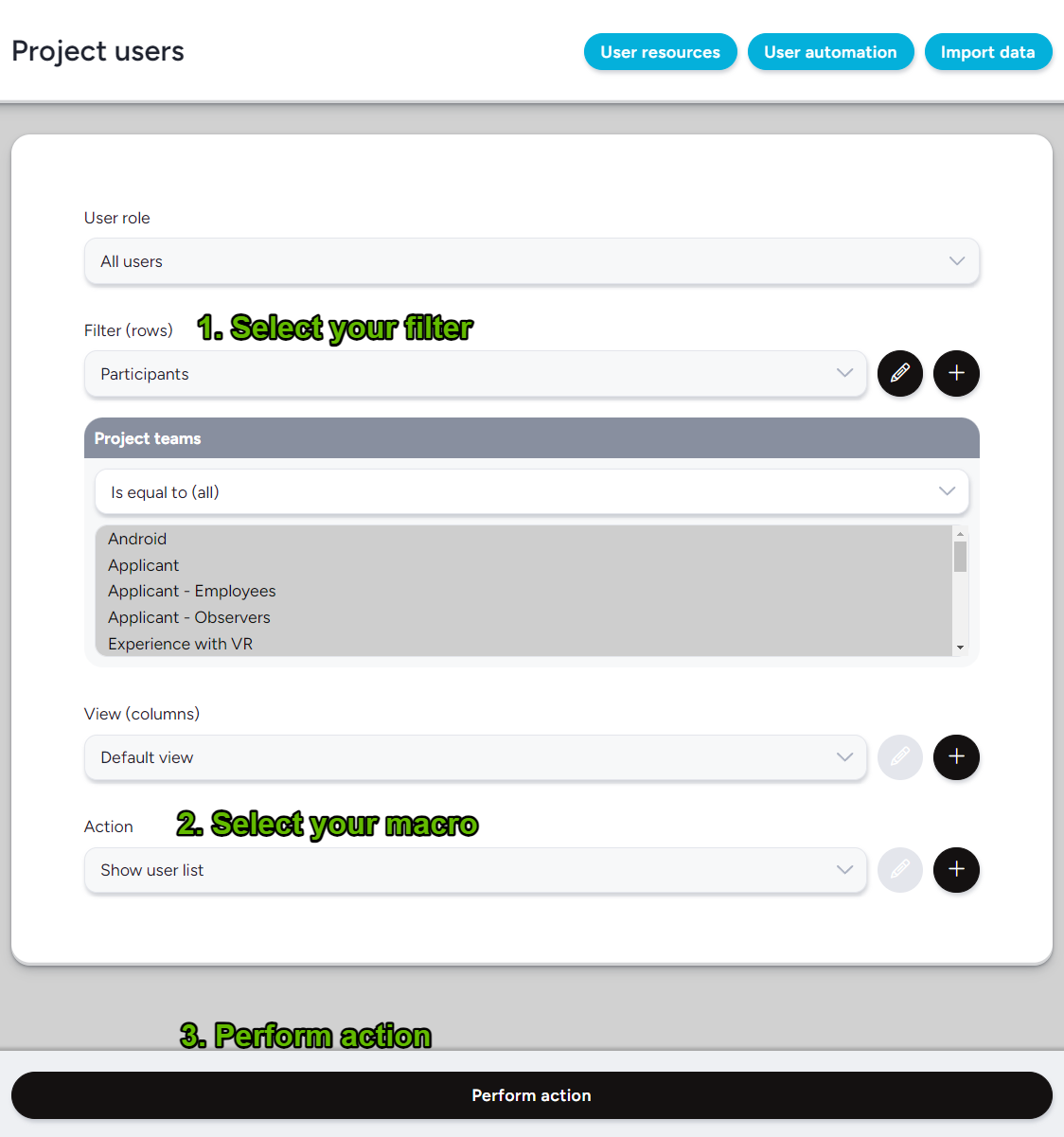 Screenshot showing the macro action drop-down in user management
