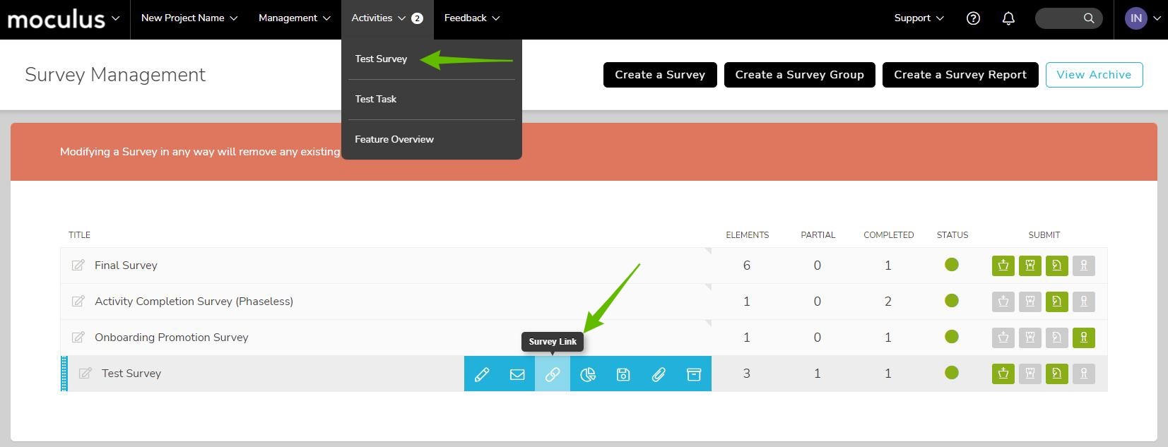 Screenshot showing where to find the survey submission link