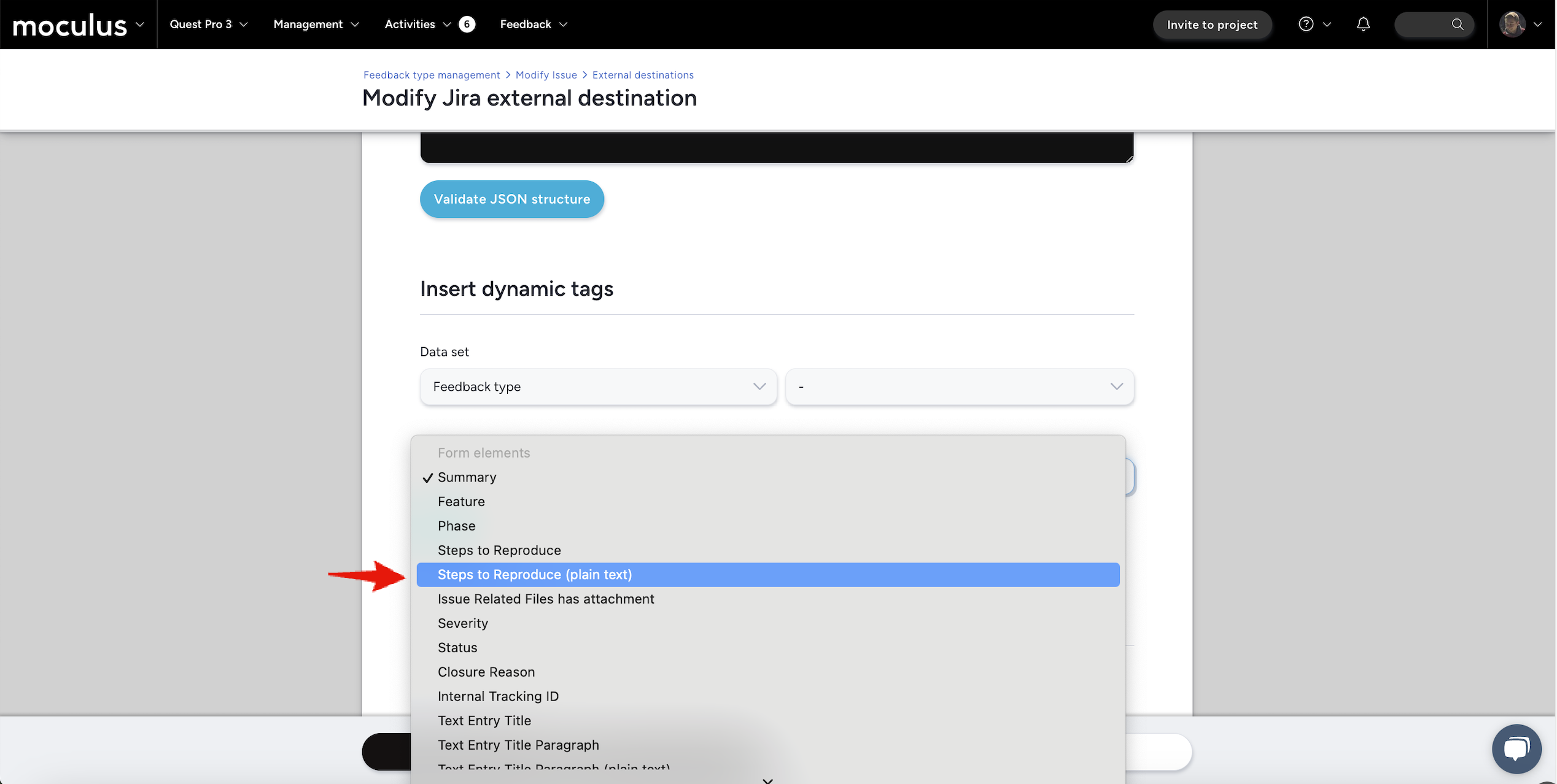 Screenshot showing the Plain Text version of a dynamic tag in the Jira integration setup