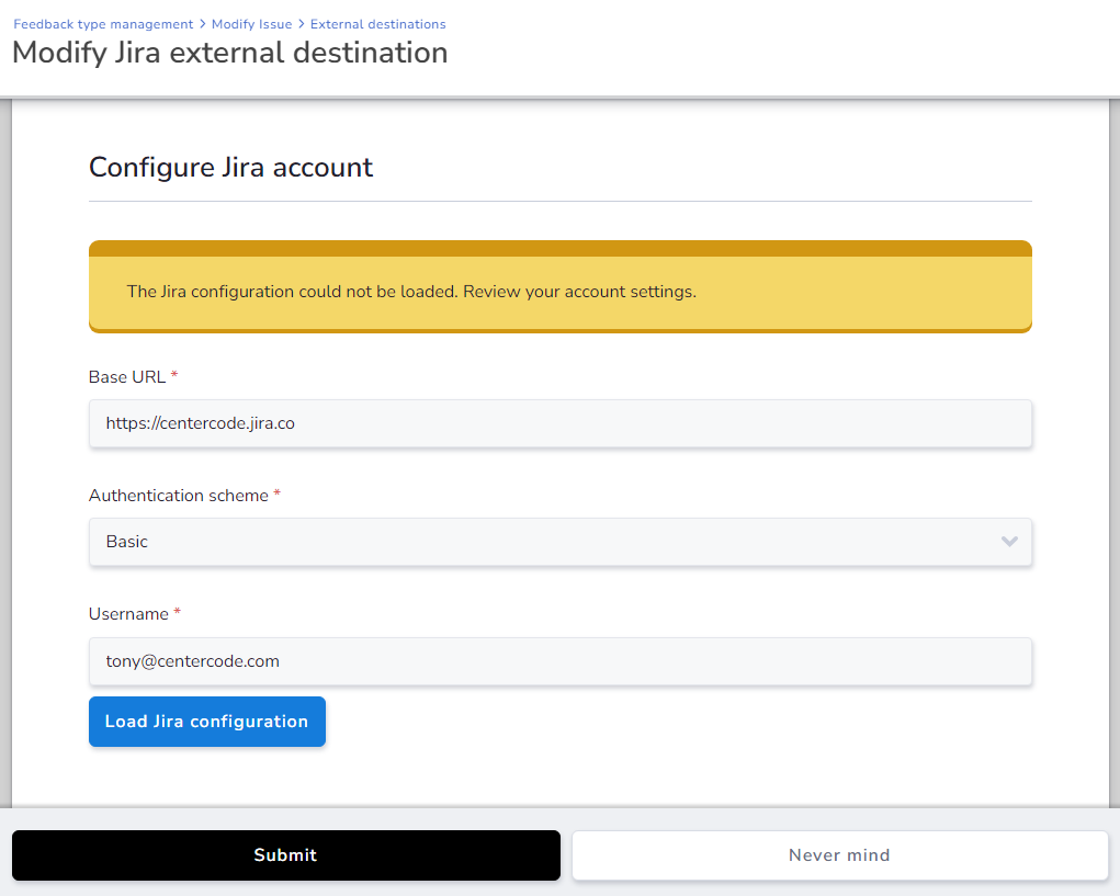 Screenshot showing the Jira could not be loaded error message