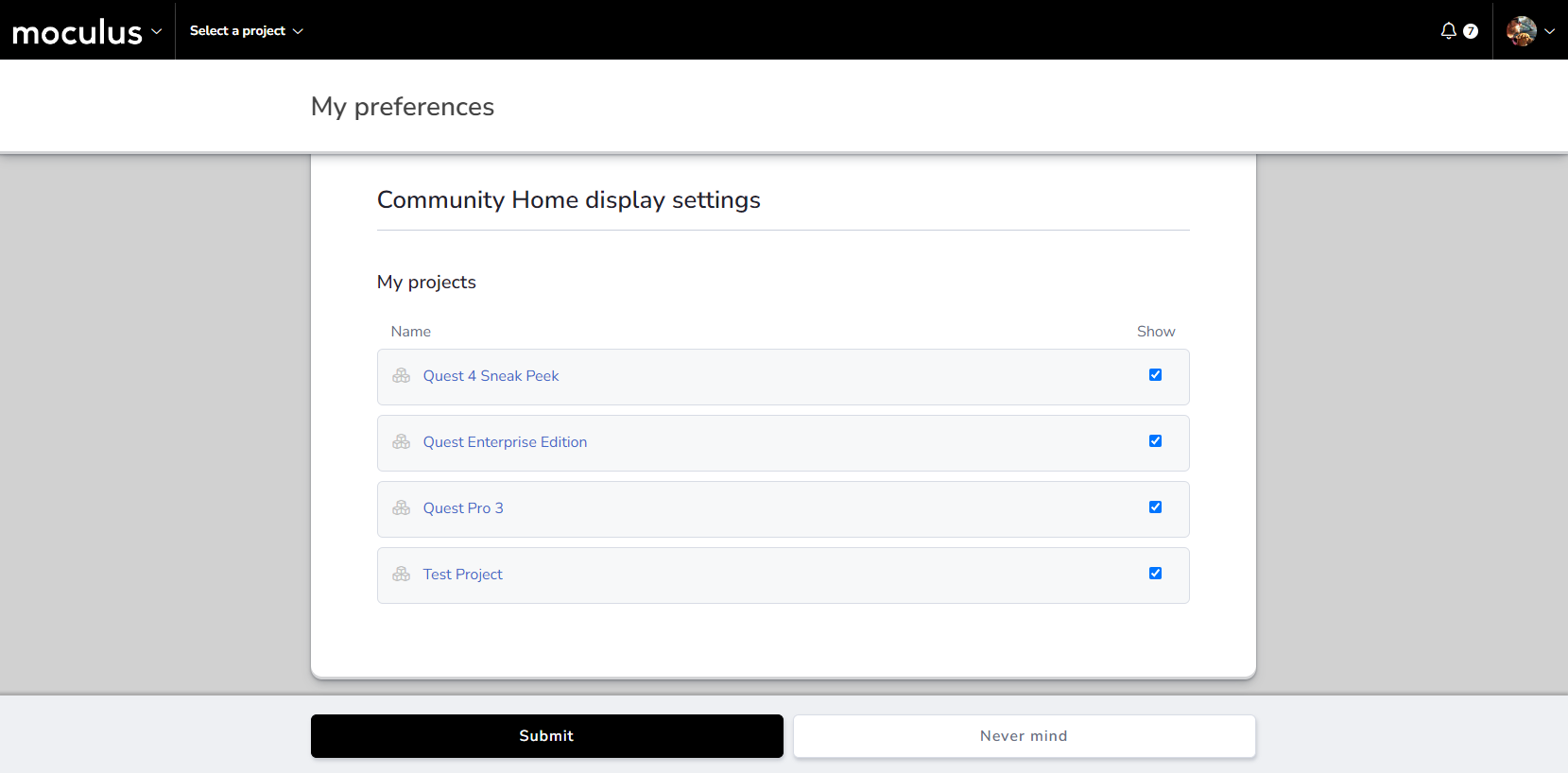 Screenshot showing the Preferences settings where a project can be hidden