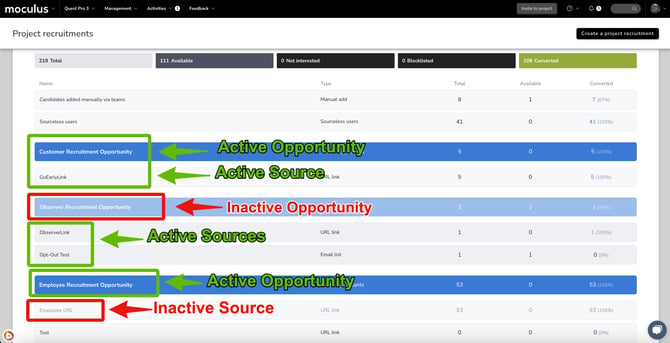 Screenshot showing active and inactive states for opportunities and invitation types