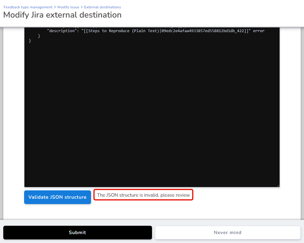 Screenshot showing the invalid JSON body error message