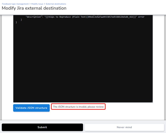 Screenshot showing the invalid JSON body error message