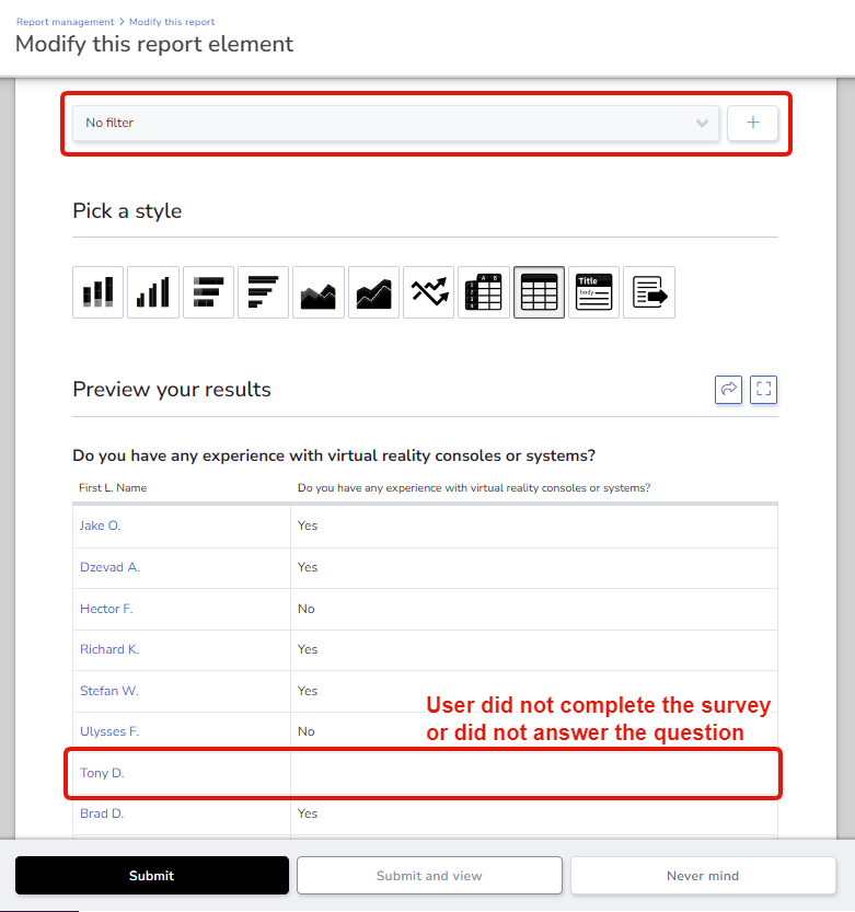 Screenshot showing a report with a missing filter causing blank results