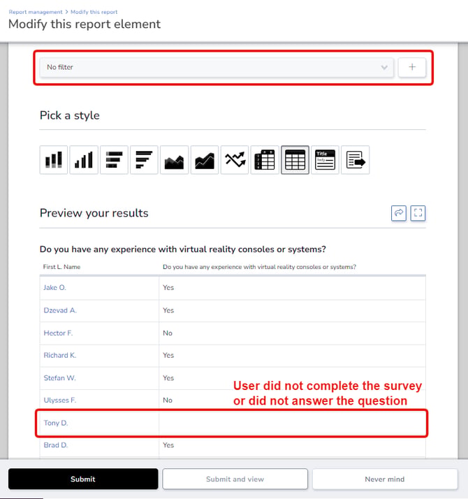 Screenshot showing a report with a missing filter causing blank results