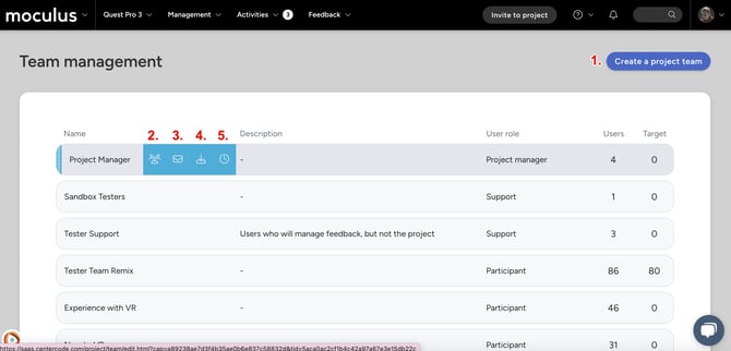 Team Management - UI elements